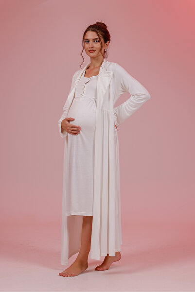 BLACKMORE Women's Ecru Cotton Long Sleeve Maternity Nightgown-Dressing Gown Set of 2