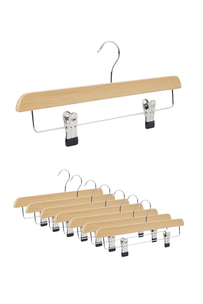 Askı Sepeti Ahşap Pantolon Askısı Mandallı Etek Askısı Vernikli 5 Adet 40 cm