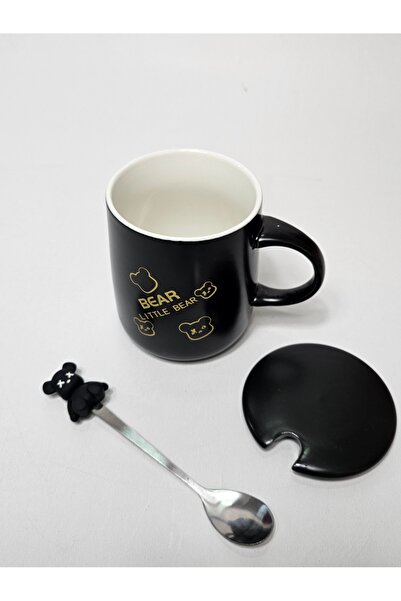 Casalina 3-piece ceramic set 350 ml - black Bear mug with lid and spoon decorated with a teddy bear