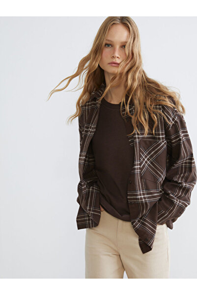 LC Waikiki Kahverengi Ekose Oversize Kadın Gömlek