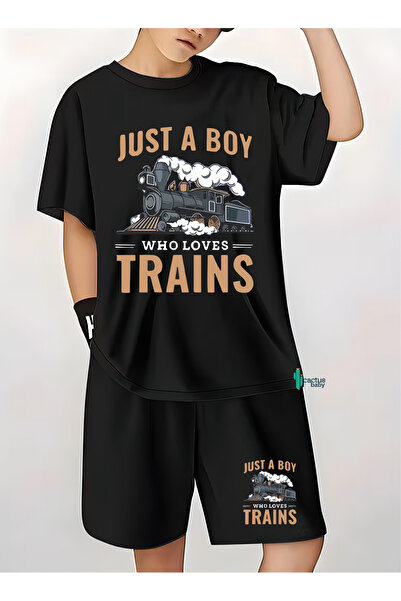 CACTUS COLLECTION طقم تي شيرت وشورت مطبوع بنقشة القطارات