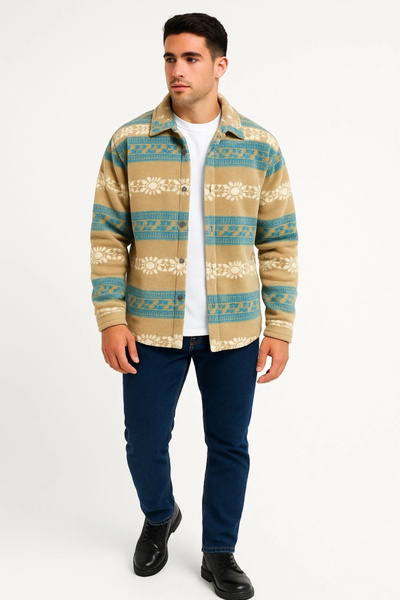 GENCULUS Men's Patterned Fleece Shirt – Ethnic Stripe Pattern Collar, Long Sleeve, Buttoned, Oversized Comfortable Fit - S