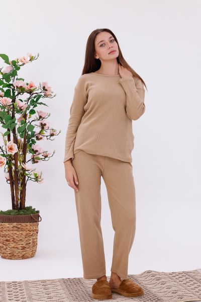 BLACKMORE Women's Beige Interlock Winter Cotton Long Sleeve Pajamas Set