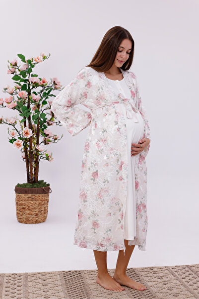 BLACKMORE Women's Ecru Floral Lace Cotton Full Length Maternity Nightgown-Dressing Gown Set of 2