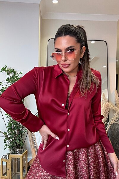 Sohotique By P قميص ساتان سميك بلون النبيذ