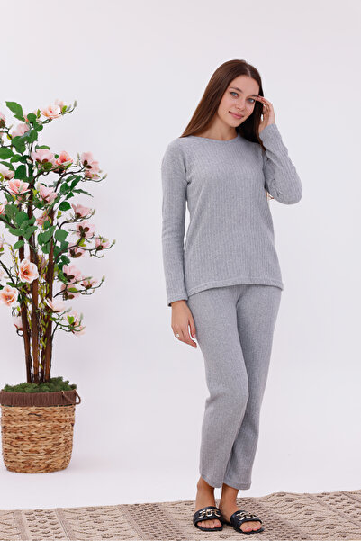 BLACKMORE Women's Grey Interlock Winter Cotton Long Sleeve Pajamas Set