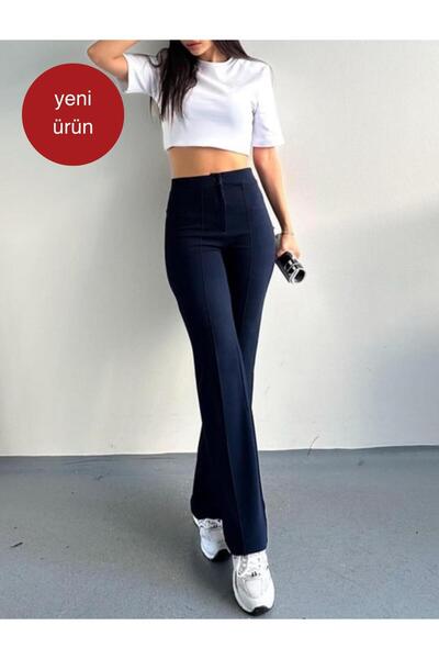 glanour Pantaloni de damă bleumarin talie înaltă efect modelator cu picior evazat vipușcă