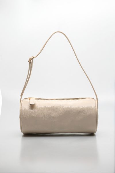 Shkup Beige Cylinder Zipper Closure Women's Hand and Shoulder Bag