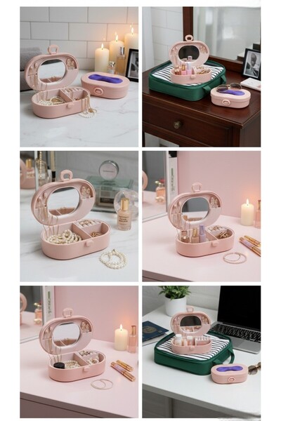 MEDUSHOP صندوق مجوهرات للسفر مع مرآة وحجرة منفصلة، منظم إكسسوارات بشريط وردي وأرجواني