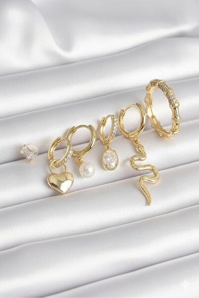 Dorvina Brass Women's Earring Set Gold Color Dangle Snake Model Zircon Stone Hoop Lock Heart Detail