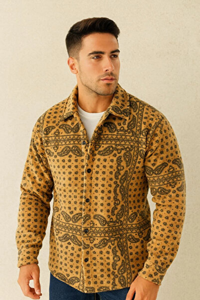 Butik Men's Patterned Buttoned Fleece Shirt – Mustard Paisley Pattern Collar,...