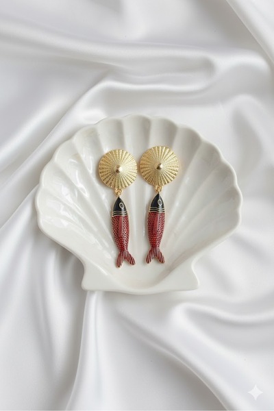 Dorvina Brass Women's Earrings with Dangling Zircon Stones Red Black Fish Model Gold |   Stylish and Durable Jewelry