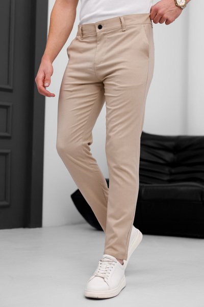 MODAMESTO Men's Beige Slim Fit Lycra Fabric Trousers