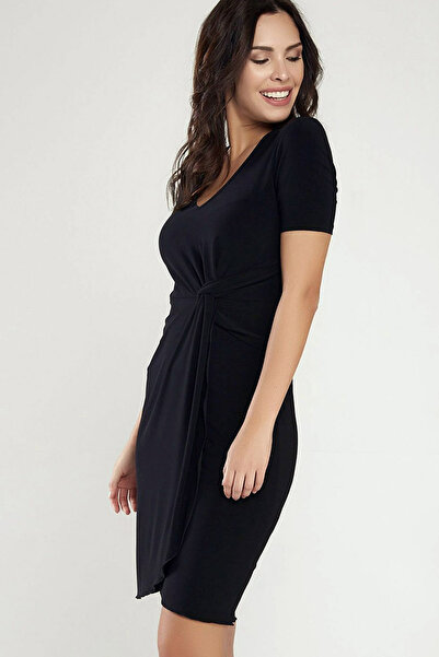 Yeslena Beli Düğüm Detaylı V Yaka Kısa Kollu Dar Kalıp Esnek Tarz Casual Diz ...