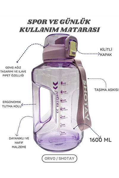 Shotay Sporcu Matara 1.6 L – Kilitli Kapak, Pipetli, Taşıma Askılı Su Matarası - MOR