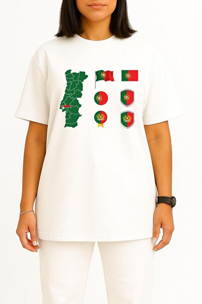Bahriyeli Collection Oversized Portugal Map and Flag Chest Printed Unisex T-Shirt