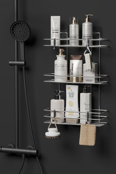 Hill Homes 3-Tier Bathroom Shelf Wide Metal Shampoo Holder Adhesive Bathroom Organizer Chrome Bathroom Shelf 48X25 cm