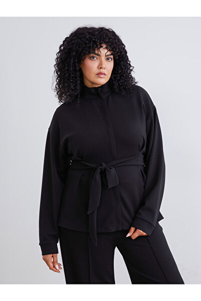 LC Waikiki Black Plus Size Mock Neck Women's Zippered Sweatshirt