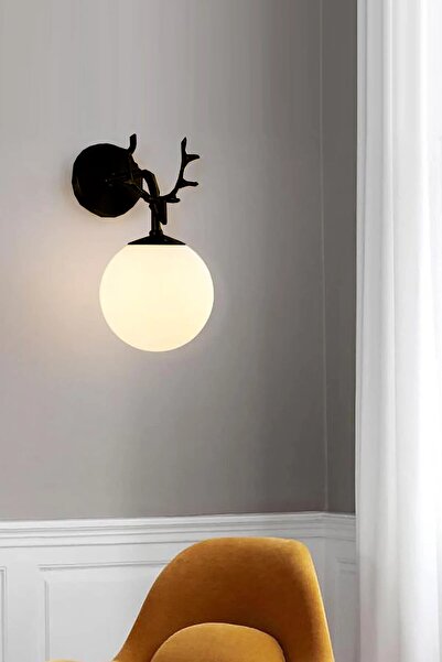 Uçar Geyik Modern Motif Black Color Living Room Kitchen Hall Entrance Single Black Color White Glass Wall Sconce