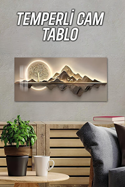 kutuTR 3D Görünümlü Temperli Cam Tablo – Ağaç Ve Dağ Manzarası Uv Baskı 60×30...