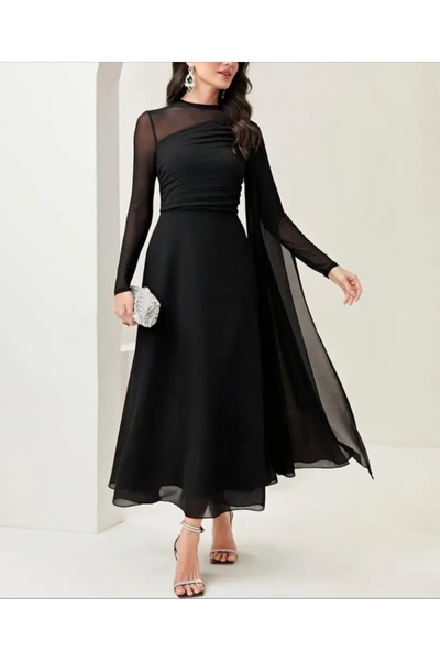 GÜLÇİNCE Siyah Tül Detaylı Şık Gece Abiye Kadın Uzun Elbise S-M-L-XL-2XL-3XL