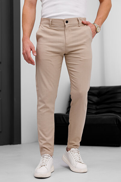 MODAMESTO Men's Beige Slim Fit Lycra Fabric Trousers