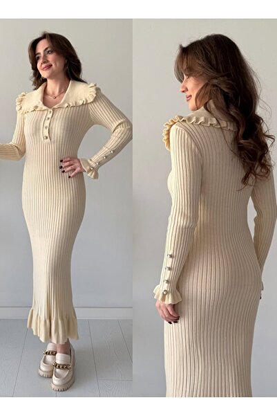 DAMGA Collection Princess collar buttoned ruffled knit dress for women