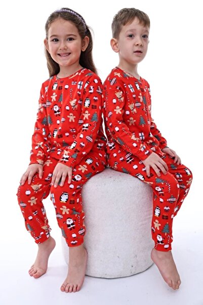 İsobel Kids İsob Red New Year Patterned Interlock 100% Cotton Unisex Children's Pajamas Set 3-13 Years 42226-K