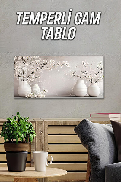 kutuTR 3D Görünümlü Temperli Cam Tablo – Beyaz Vazo ve Çiçek Deseni UV Baskı ...