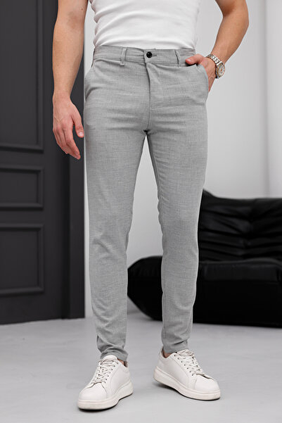 MODAMESTO Men's Gray Slim Fit Stretch Fabric Fabric Trousers