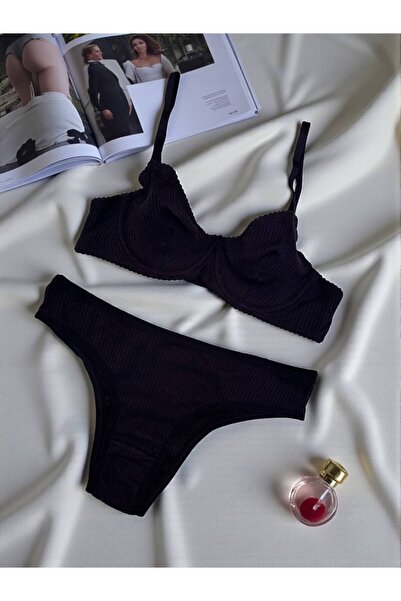 ARONA Sütyen takım siyah ikili kaşkorse balenli takım