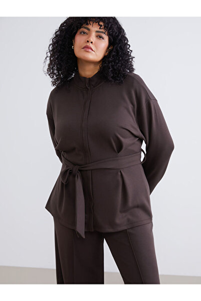 LC Waikiki Brown Plus Size Mock Neck Women's Zippered Sweatshirt