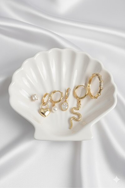 Dorvina Brass Women's Earring Set Gold Color Dangle Snake Model Zircon Stone Hoop Lock Heart Detail