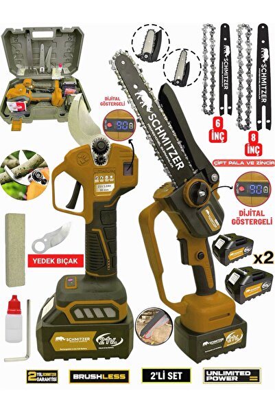 SCHMITZER 2’Li Pro Set 21V Çelik Şanzuman 2 Pala ve Zincir Şarjlı Dal Ağaç Ke...