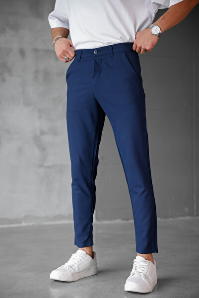 MODAMESTO Men's Navy Blue Slim Fit Stretch Fabric Fabric Trousers