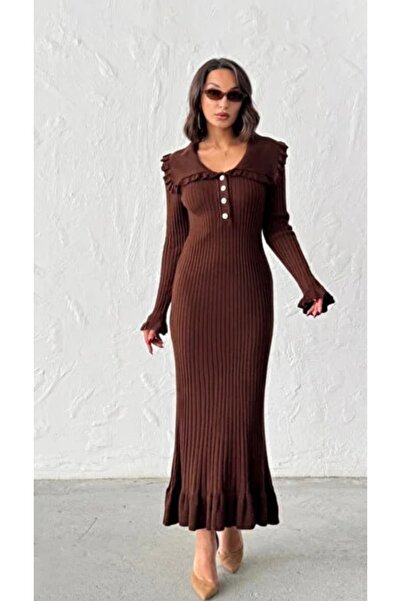 DAMGA Collection Women's Princess Collar Buttoned Ruffled Knitwear Dress