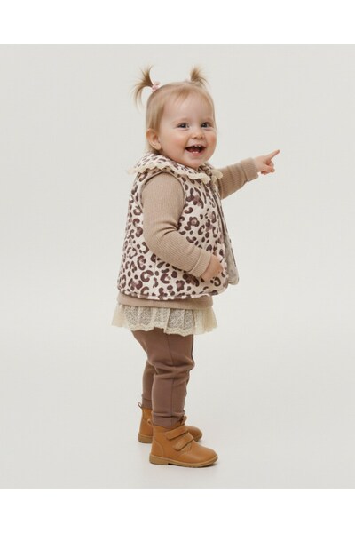 VOY KİDS Baby Girl Leopard Patterned Inflatable Vest Set , 2-3-4 Years Old with Tights Transitional Stylish 3-Piece Combination Set