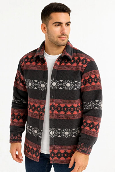BALCI Men's Patterned Fleece Shirt – Ethnic Stripe Pattern Collar, Long Sleev...