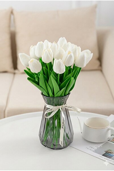 BEYZANA 10 Adet Yapay Lale Buketi Gerçek Doku Kırık Beyaz