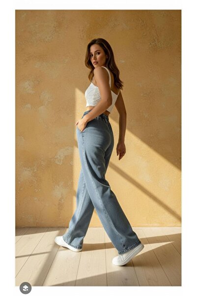 geenz manifacture Women's Lace-Up Elastic Waist Light Blue High Waist Wide Leg Loose, Loose Palazzo Jean Pants