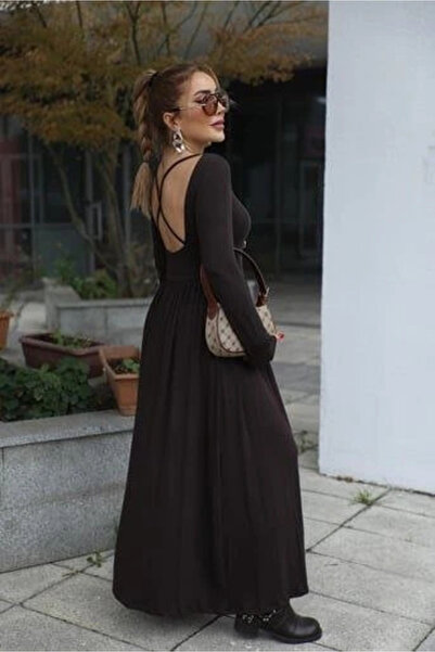 Silerra Women's Boat Neck Backless and Slit Detail Maxi Dress