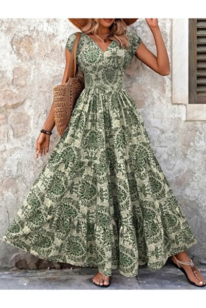 GÜLÇİNCE Yeşil Etnik Desenli Bohem Uzun Kadın Elbise S-M-L-XL-2XL-3XL