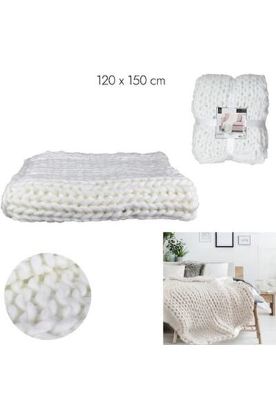 OEM Warm soft thick knitted blanket, braided pattern, off-white, 120x150 cm