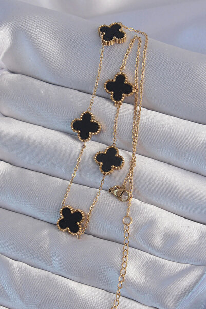 HarmonyAura 316L Steel Gold Color Black Enamel Clover Necklace