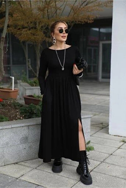 BEFAON Women's Boat Neck Backless and Slit Detail Maxi Dress