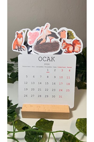 Handeto Kraft Orman Temalı Takvim 2026 Ahşap Ayaklı Özel Tasarım Takvim 2026 Takvim Masaüstü Takvim Yılbaşı