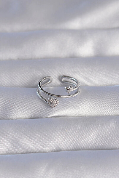 HarmonyAura Brass Silver Color Zircon Stone Heart Model Adjustable Ring