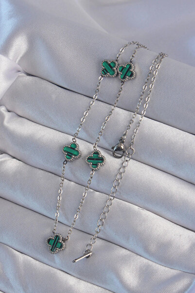 HarmonyAura 316L Steel Silver Color Minimal Green Enamel Clover Necklace