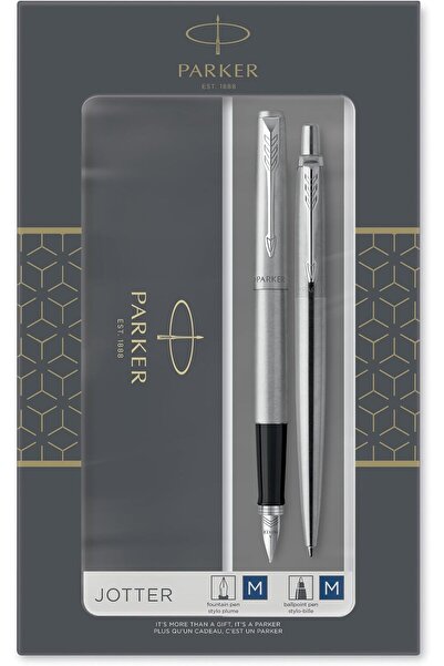Parker Jotter Duo Gift Set – Ballpoint & Fountain Pen, Stainless Steel with Chrome Trim, Blue Ink