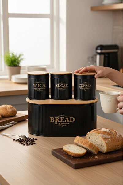 LeylArt Metal Bread Bin & Jar Set with Bamboo Lid – Modern Kitchen Layout